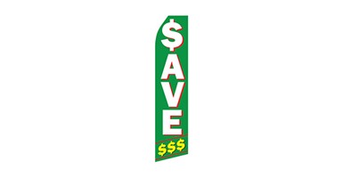 green sale feather flag that says save money