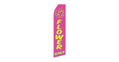 pink sale feather flag that says flower sale in yellow text