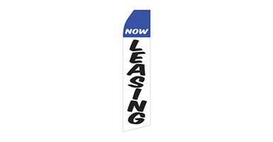 real estate feather flag that says now leasing