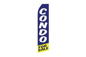 real estate feather flag that says condo for sale in navy blue, yellow, and white