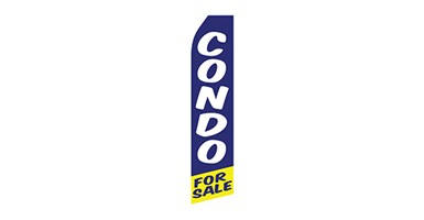 real estate feather flag that says condo for sale in navy blue, yellow, and white