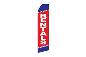 real estate feather flag that says rentals in blue, red and white