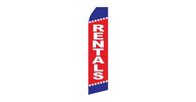 real estate feather flag that says rentals in blue, red and white