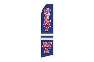 real estate feather flag that says rent me in blue, red and white