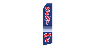 real estate feather flag that says rent me in blue, red and white