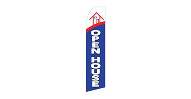 real estate feather flag that says open house in blue, red and white