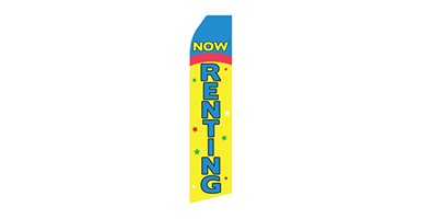 real estate feather flag that flag that says now renting in yellow, blue, red and green