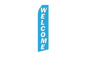 sky blue econo stock feather flag that says welcome in white text