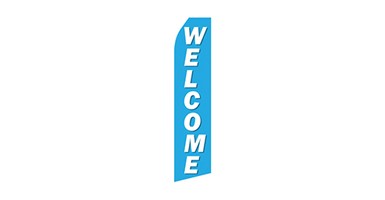 sky blue econo stock feather flag that says welcome in white text