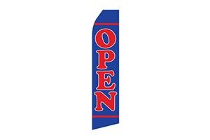 blue and red feather flag that says open