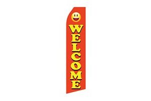 red econo stock feather flag that says welcome in yellow text