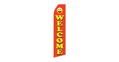 red econo stock feather flag that says welcome in yellow text