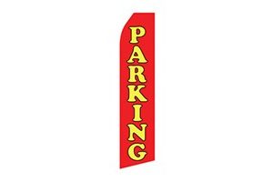 red econo stock feather flag that says parking in yellow text