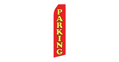 red econo stock feather flag that says parking in yellow text