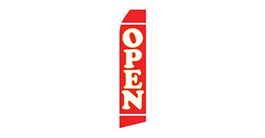 red econo stock feather flag that says open in white text