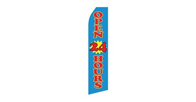 blue business stock feather flag that says open 24 hours in red text