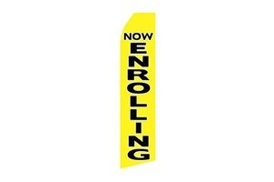 yellow feather flag that says now enrolling in black text