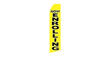 yellow feather flag that says now enrolling in black text