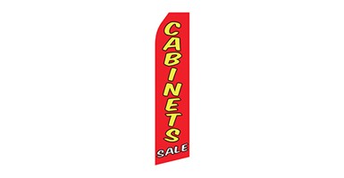red furniture feather flag that says cabinets sale in yellow and white text