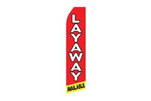 red and yellow furniture feather flag that says layaway available in white and black text