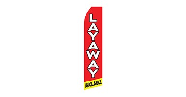 red and yellow furniture feather flag that says layaway available in white and black text