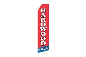 red and blue furniture feather flag that says hardware sale in white text