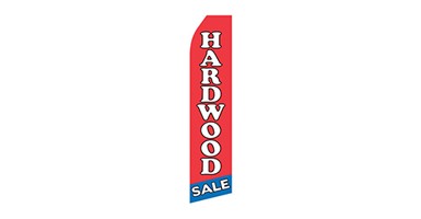 red and blue furniture feather flag that says hardware sale in white text
