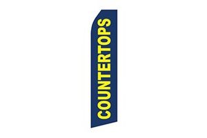 blue furniture feather flag that says countertops in yellow text
