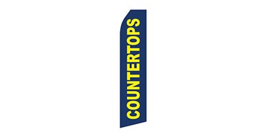 blue furniture feather flag that says countertops in yellow text