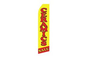 yellow furniture feather flag that says ceramics sale in red text