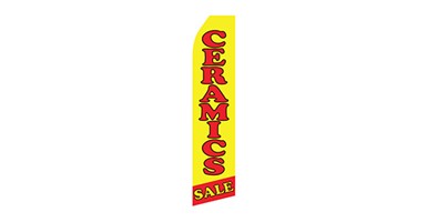 yellow furniture feather flag that says ceramics sale in red text