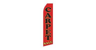 red furniture feather flag that says carpet sale in black and yellow text