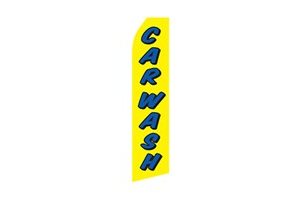 Yellow Feather Flag That Says Car Wash in Blue