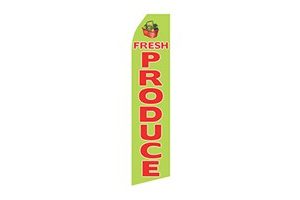 green business feather flag that says produce in red text