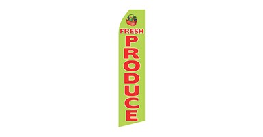 green business feather flag that says produce in red text