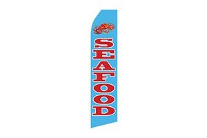 blue business stock feather flag that says seafood in red text