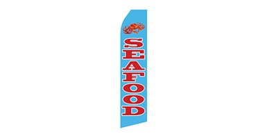 blue business stock feather flag that says seafood in red text