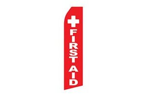 red business stock feather flag that says first aid in red text