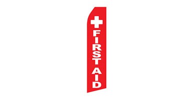 red business stock feather flag that says first aid in red text