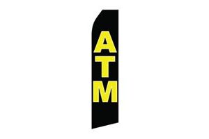 black business stock feather flag that says ATM in yellow text