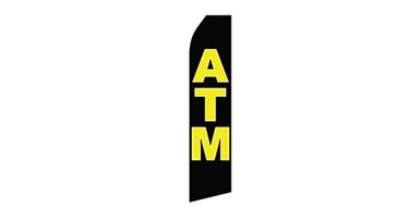 black business stock feather flag that says ATM in yellow text
