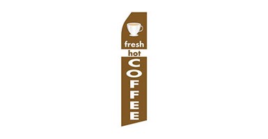 brown business stock feather flag that says fresh hot coffee in white text