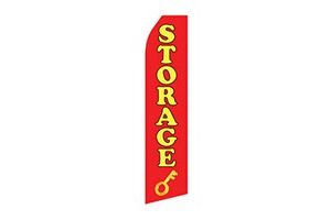 red business feather flag that says storage in yellow text