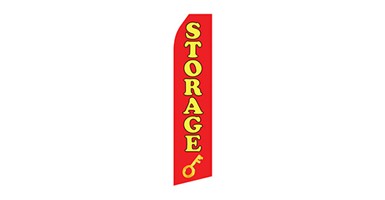 red business feather flag that says storage in yellow text
