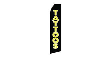 black business stock feather flag that says tattoos in yellow text