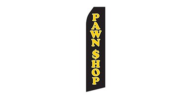 black business stock feather flag that says pawn shop in yellow text