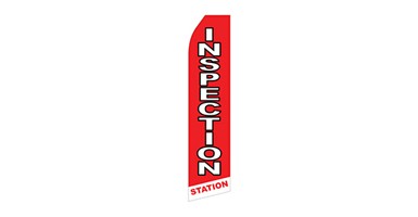 red and white automotive feather flag that says inspection station
